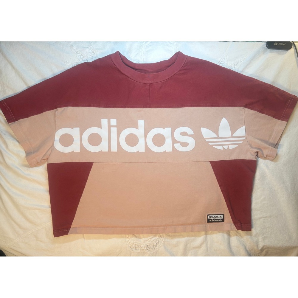 Adidas Originals Oversized Tee Red Tan Colorblock Trefoil Logo M
